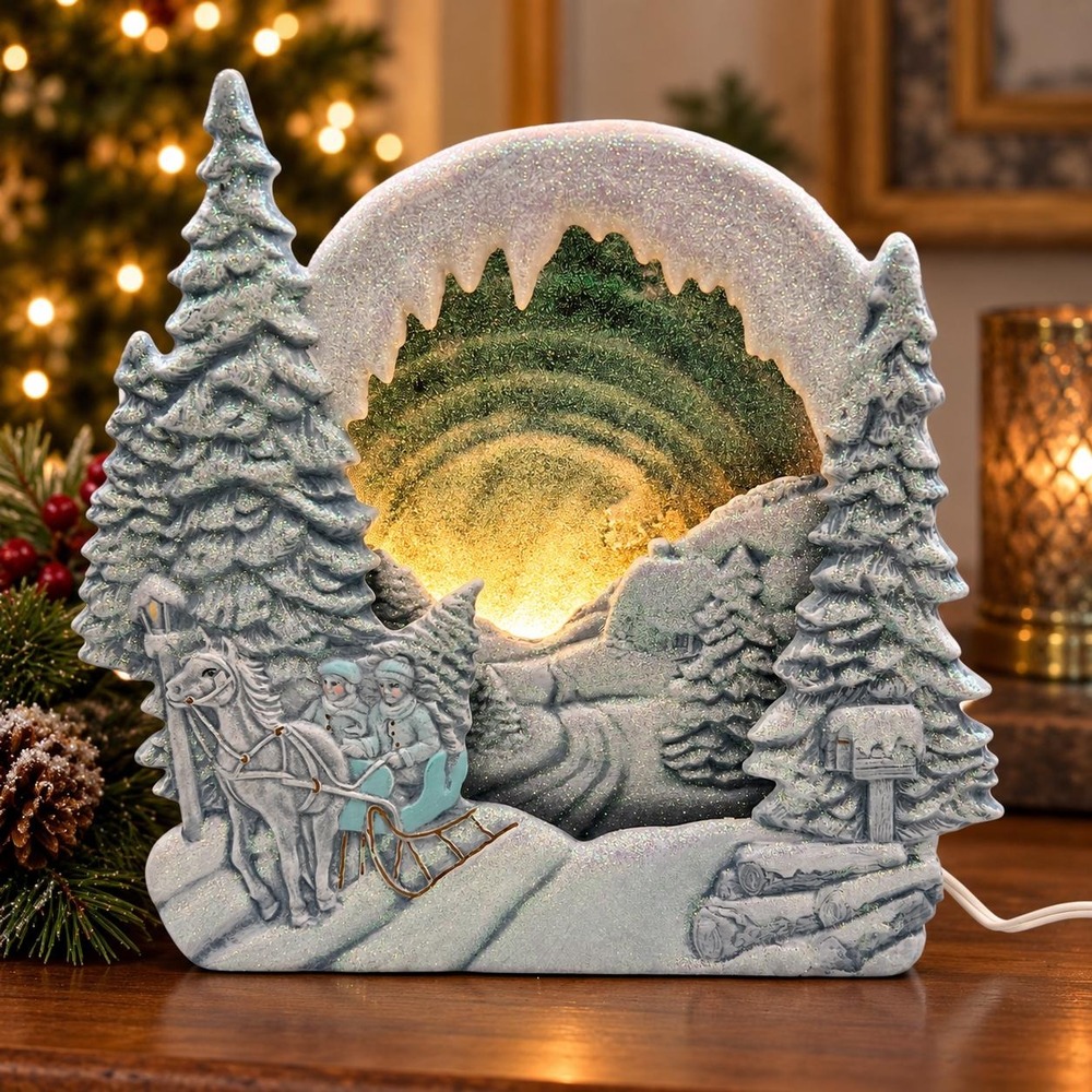 Vintage 1986 TANDA Winter Sleigh Ride Lighted Christmas Scene Glitter Snow